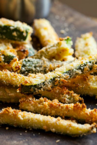 Zucchini fries with roast pepper and tomato sauce