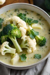 Close up of creamy cauliflower broccoli soup.