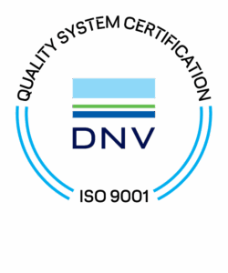 A logo that says, "Quality System Certification. DNV, ISO 9001."