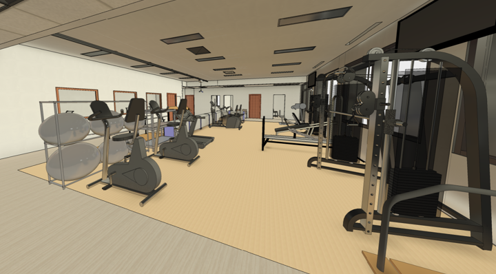 A rendering showing how the physical therapy equipment will be arranged in the expanded open gym space. Various pieces of exercise equipment are lined up on both sides of the gym with ample space between and around them.